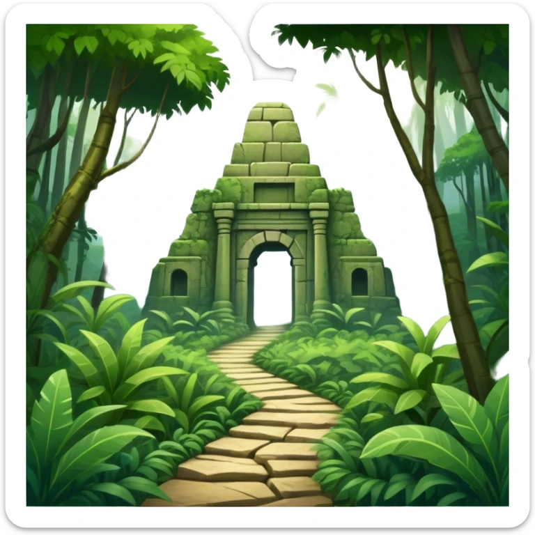 Icon for Adventure Movie: A vintage movie poster-style design with a jungle clearing path, dense foliage surrounding it. In the distance, ancient ruins peek through the trees. The atmosphere is mysterious and adventurous, with soft light cutting through the trees. Transparent background. sticker