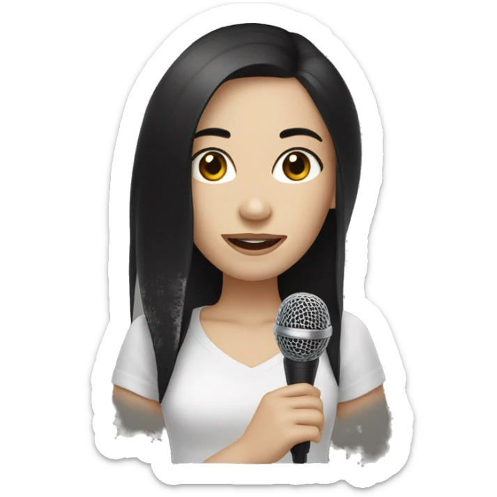 Girl with pale white skin, brown eyes, black hair holding out a microphone  sticker