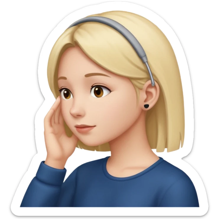 girl listening to viewer, side view, hand to ear, no headphones sticker