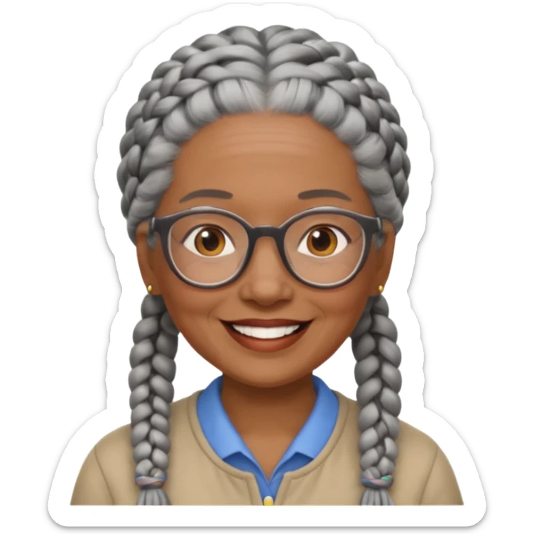 Older woman of color with gray braids, glasses and smiling sticker