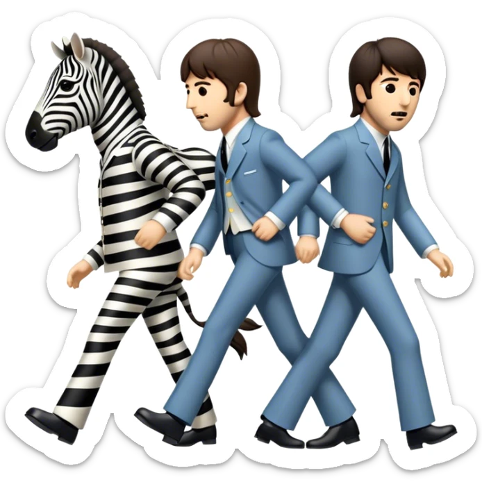 Cinematic Realistic The Beatles Abbey Road Scene Emoji, depicting the legendary band of four crossing the iconic zebra-striped street in their classic outfits, exuding effortless charisma and musical legacy. The scene is bathed in warm, nostalgic lighting with rich textures that capture the essence of 1960s rock history. sticker
