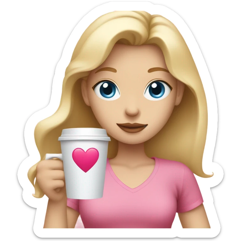 Girl with blonde hair and blue eyes holding a coffee with a heart on it wearing a pink top sticker