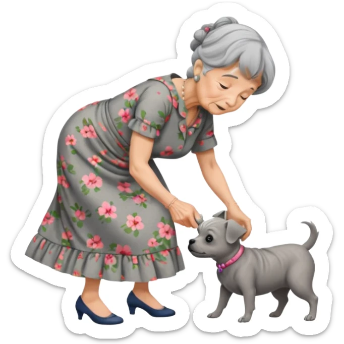 Old woman bent over from waist to floor trying to pick up dog sticker