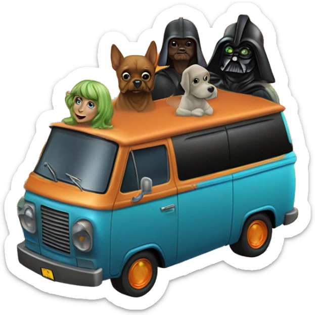 Darth Vader’s and Scooby Doo’s, Velma, Shaggy, Daphne, and Fred’s mystery machine ghost hunters van with holographic flames  sticker