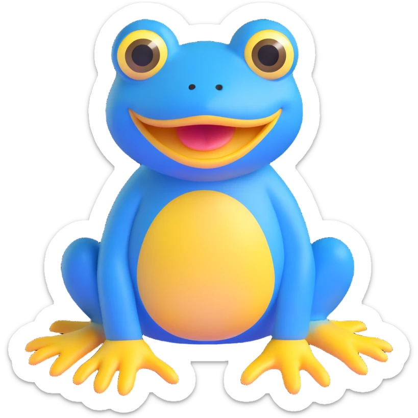 blue frog character, sitting, big yellow mouth, wide eyes, playful and friendly, silly and sweet expression, no accessories sticker