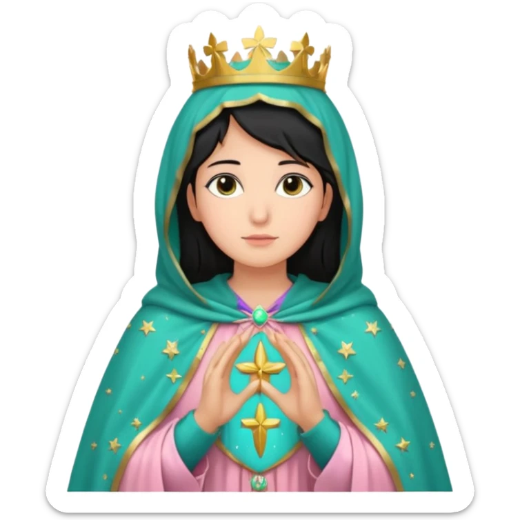 virgen maria catolica con vestido rosa palido. manto verde turquesa y pequeñas estrellas doradas, dispersas por el manto, muchas estrellas en su manto.con las manos juntas y de piel morena con pelo negro lacio sticker