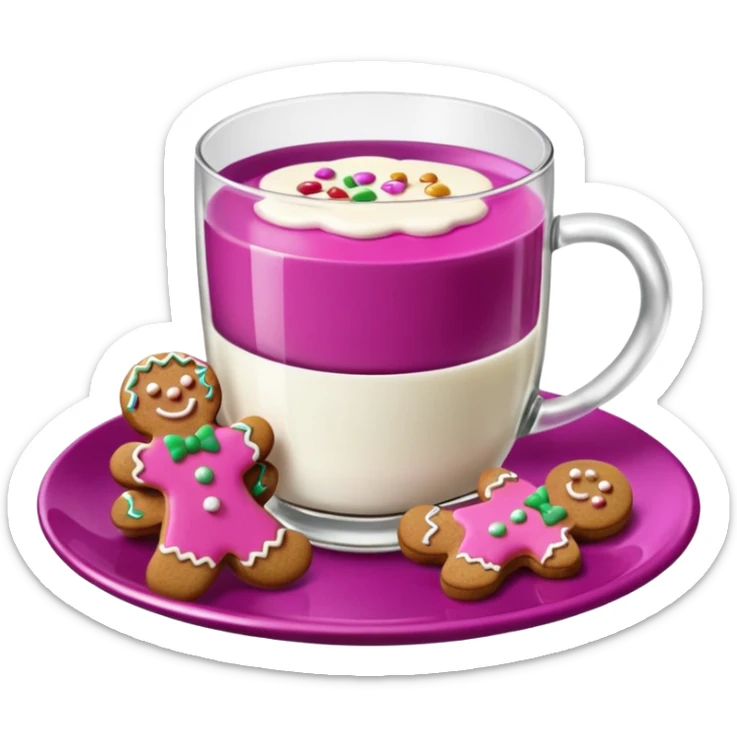 A glass of milk sits on a magenta saucer with gingerbread cookies. sticker