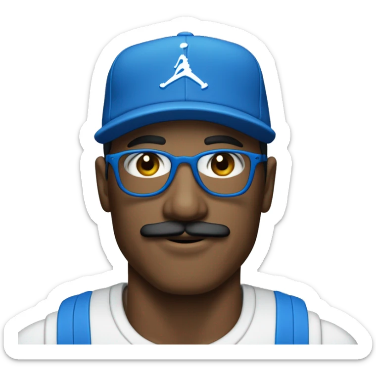 Homme peau blanche avec une moustache portant des lunettes bleues , une casquette jordan bleu , un survêtement bleu sticker