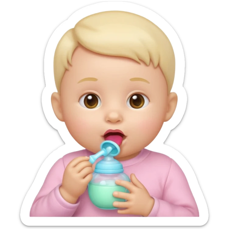 Apple-style 3D emoji of a cute baby sucking on a pacifier or drinking from a baby bottle, round face, soft pastel colors, cheerful and gentle expression, clean white background sticker