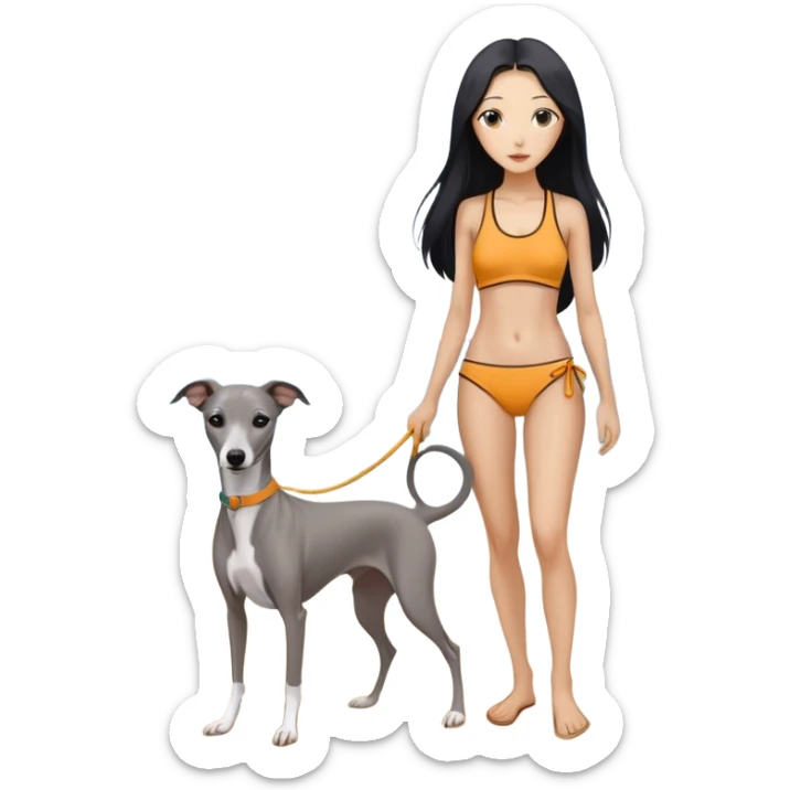 Slim Chinese woman with long black hair in appropriate beach attire at the beach with her completely solid grey Italian greyhound, ocean and sand visible, the dog has absolutely no white markings anywhere sticker