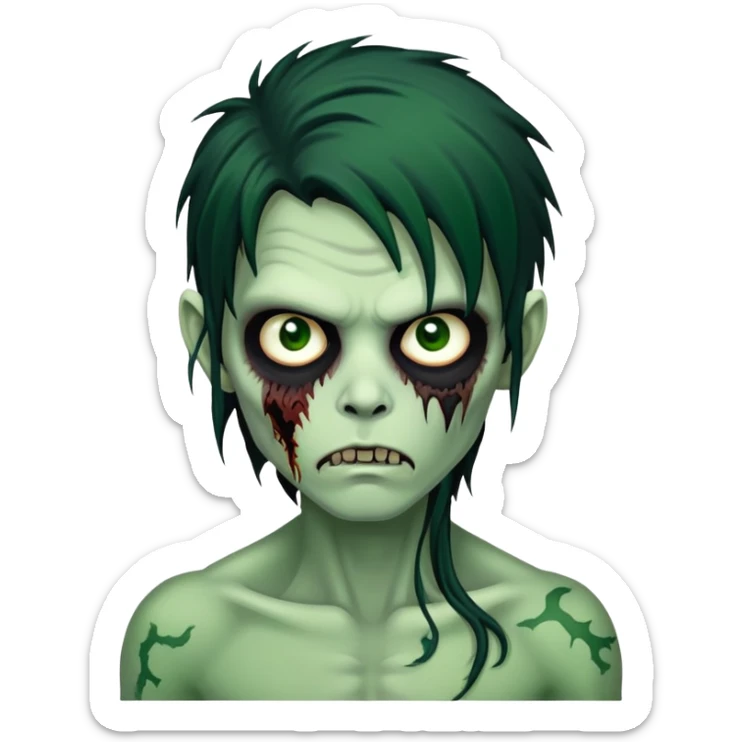 brunette zombie boy with horror green skin and long messy black hair sticker