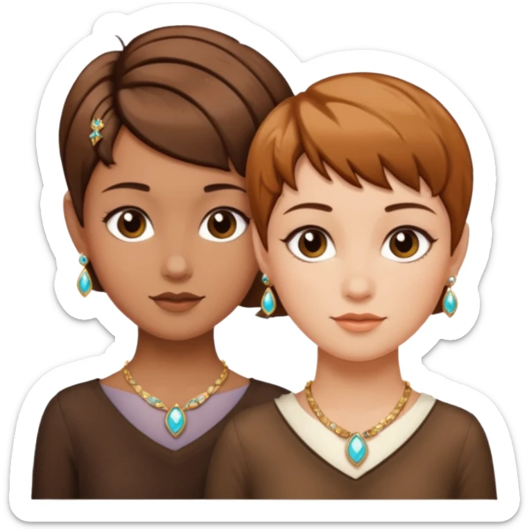 Fair skin and caramel colored besties with brown hair pixie cuts wearing jewelry  both brown hair  sticker