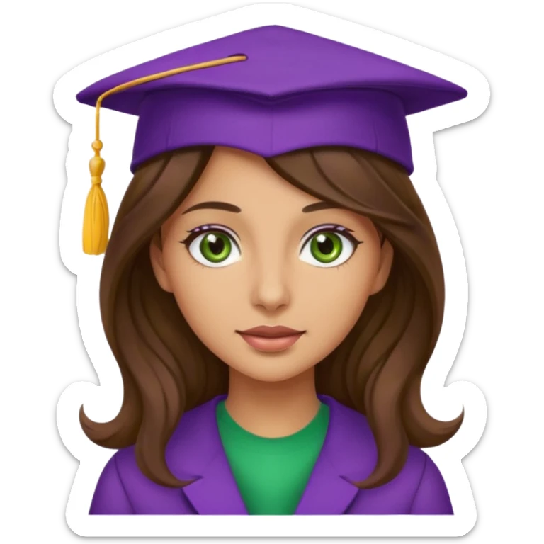 beautiful  womanolive skin with wavy long long brown hair and green eyes with purple school hat sticker