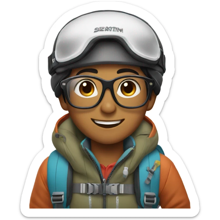 black hair smiling filipino boy with glasses with skiing gear sticker