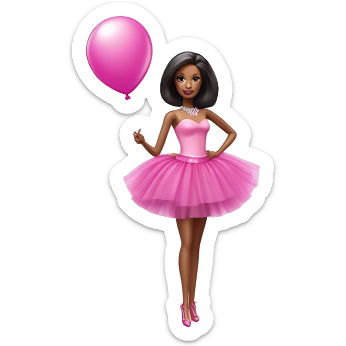 Barbie doll wearing a pink tutu dress , full body image holding a balloon and wearing a party hat  sticker