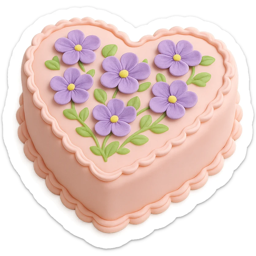 heart-shaped fondant cake with piped violets sticker
