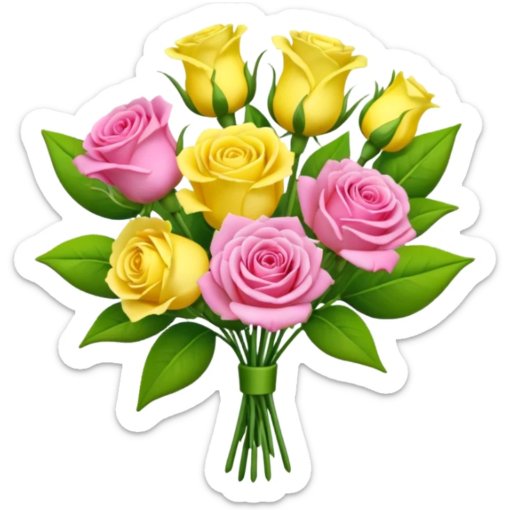 A mixed bouquet of four flowers, including pink roses and yellow lisianthus. sticker