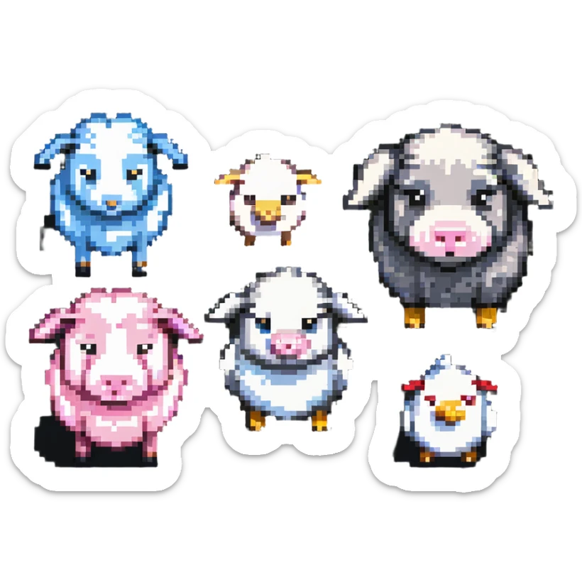 Minecraft style sheep, blocky pig friend, and blocky chicken friend together sticker