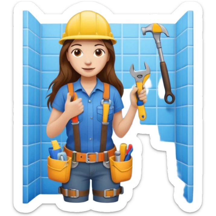 beautiful girl with long brown hair constructing new bathroom area with new shower and amenities  sticker