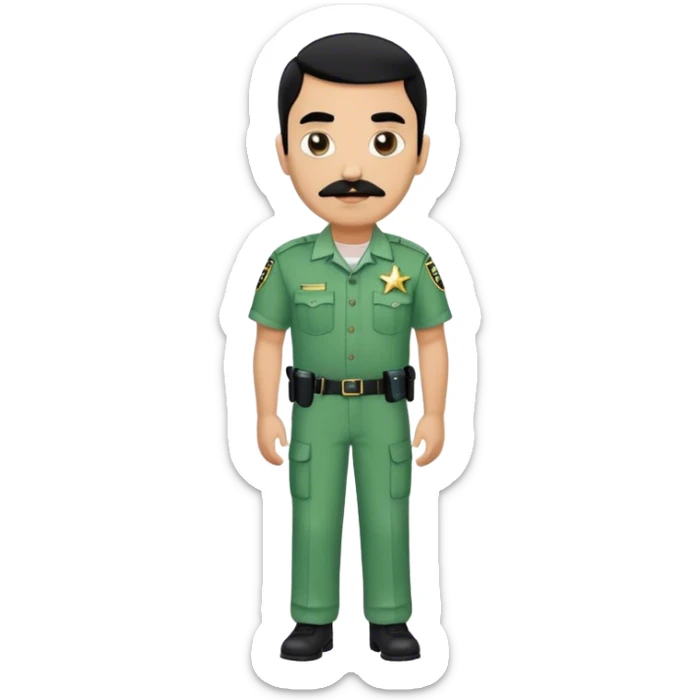 Chill guy in correctional officer green uniform. Full body. Black hair black mustache.  Light brown kin tone. Star badge  sticker