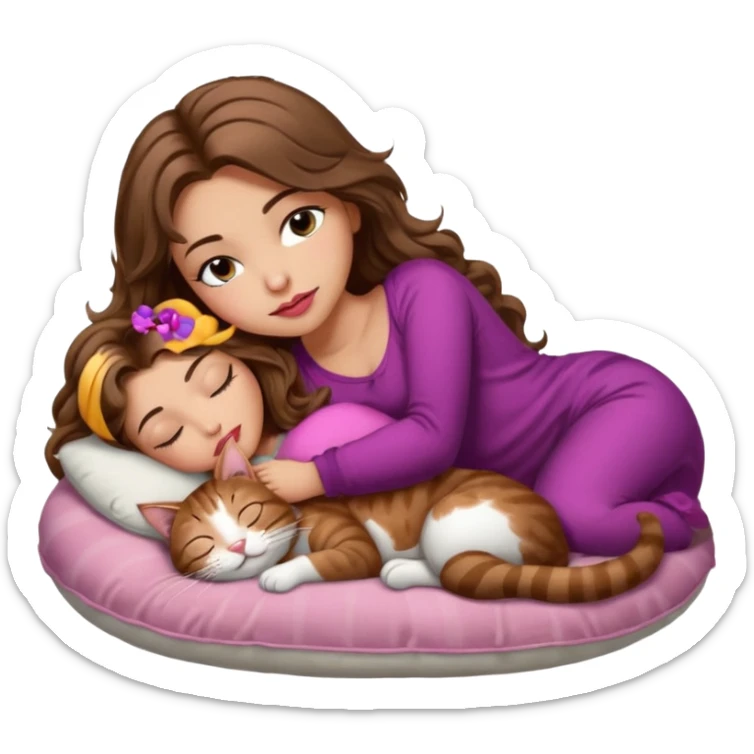 girl with long wavy brown hair, brown eyes, long lashes makeup, sexy pink lips, light to medium complexion,  sleeping on a cozy pillow, with brown tabby cat, sleeping sticker