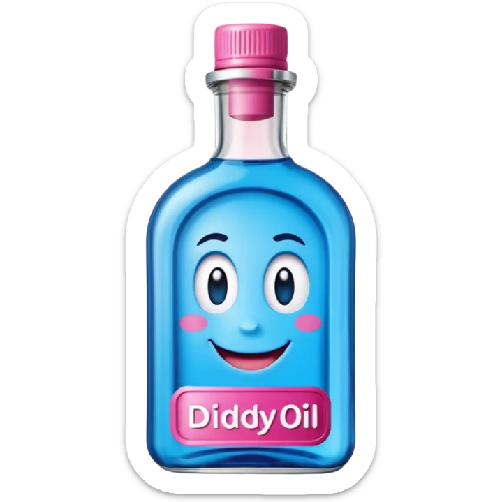 Smiling bottle of oil blue top pink outside with logo that says diddy oil sticker