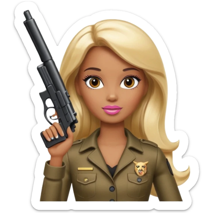 Brown skin blonde hair barbie with black gun sticker