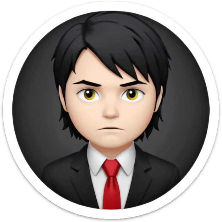 Gerard Way (Revenge Era)
Round, simplified emoji style
Pale skin tone
Jet-black, shoulder-length hair messy and emo
Heavy eyeliner and slight red shadow under the eyes
Subtle serious
Hint of red tie visible on black button up shirt.
Transparent background. Black eyeliner. Messy emo hair sticker
