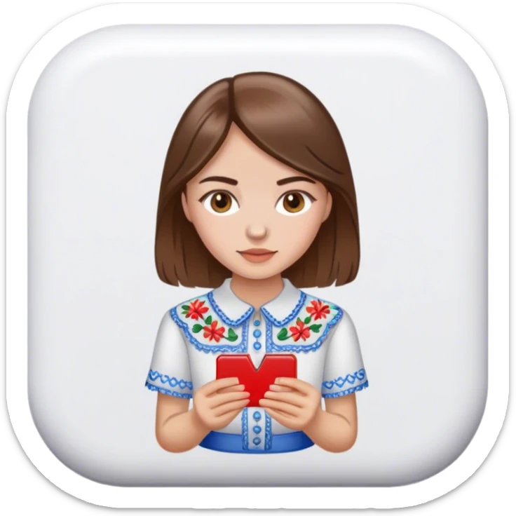 Ukrainian girl with brown hair in an embroidered shirt and a magnet sticker