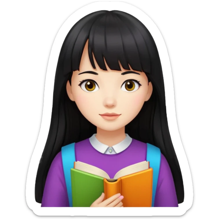 lecture girl with straight bangs fringe long black color hair with color book sticker