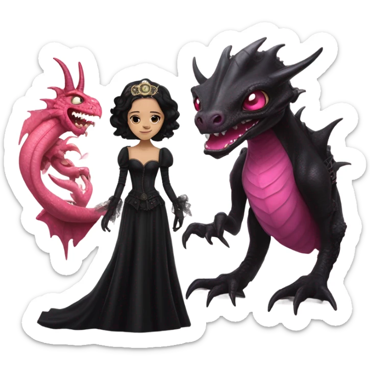 Lavish black evening gown with see-through gloves, Jenna Ortega as Addams woman wearing a steampunk mini tiara, very large blood pink evil-looking horned old dragon sticker