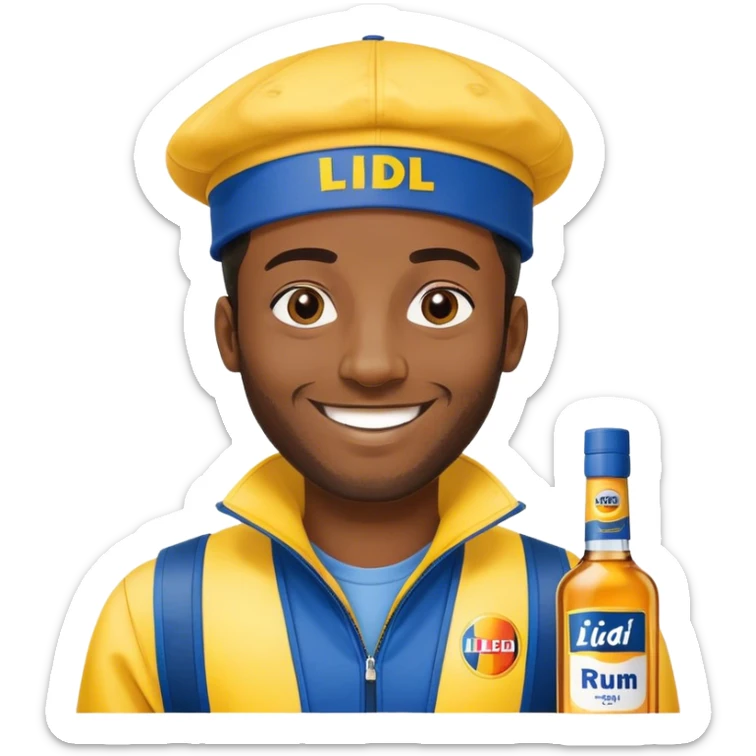 Black man smile. He has yellow and bleue cloth on him, with Lidl sloggan. He has a cap on his head, Lidl too. And he show us a bottle af rhum. sticker