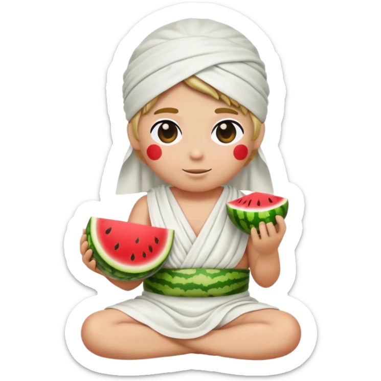 Emoji sitting cris cross wearing a white toga, blindfolded and a watermelon for a hat.  sticker