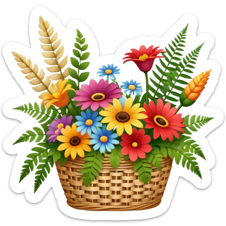 Icon for Floristry: a bouquet of flowers in a woven basket, with reeds, ferns, and floral arranging tools like scissors and a flower stem. The icon should represent creativity in flower design and arranging. Transparent background. sticker