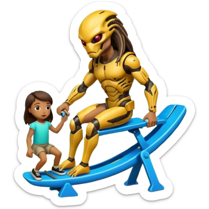 The Predator, in a dream like park, pushing unwilling the alien in a seesaw. sticker
