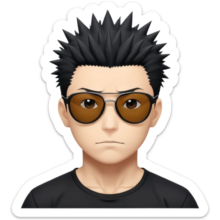Satoru Gojo from Jujutsu Kaisen with spiky black hair, wearing form-fitting black t-shirt showing muscular build, confident expression, sunglasses on top of head sticker