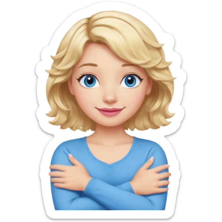 Girl Blonde short wavy hair,  blue eyes, cute blue top, long lashes, pink lips, smiling, making cross arms X with arms  sticker