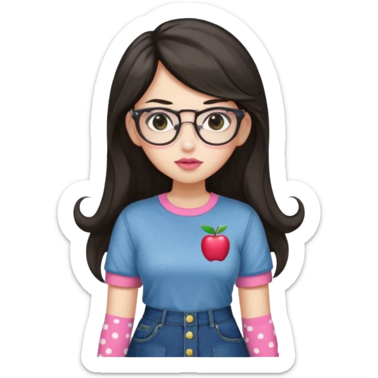 Light skin but a little white , monolid eyes,  dark brown long (not too long but not too short) hair, a button nose, fuller lips, blush (Light) PiNk liptint not too pink, wearing  bayonetta glasses (red) a apple T-shirt, dotted socks, a denim skirt sticker