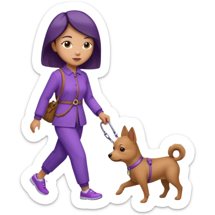 Chinese woman wearing purple outfit walking 1 small brown dog sticker