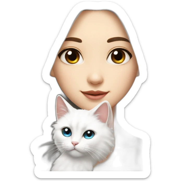 A girl with long dark hair and on her left shoulder and neck lies a white fluffy cat with different eyes sticker