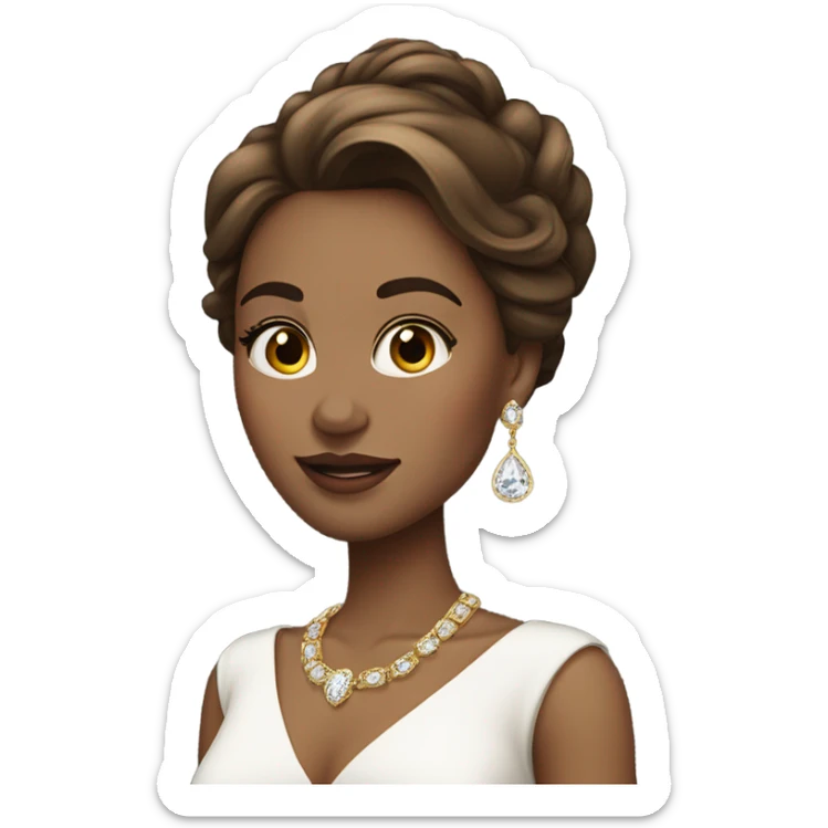 High class woman with long brown hair with golden highlights and diamond earrings, white dress and blushed cheeks sticker