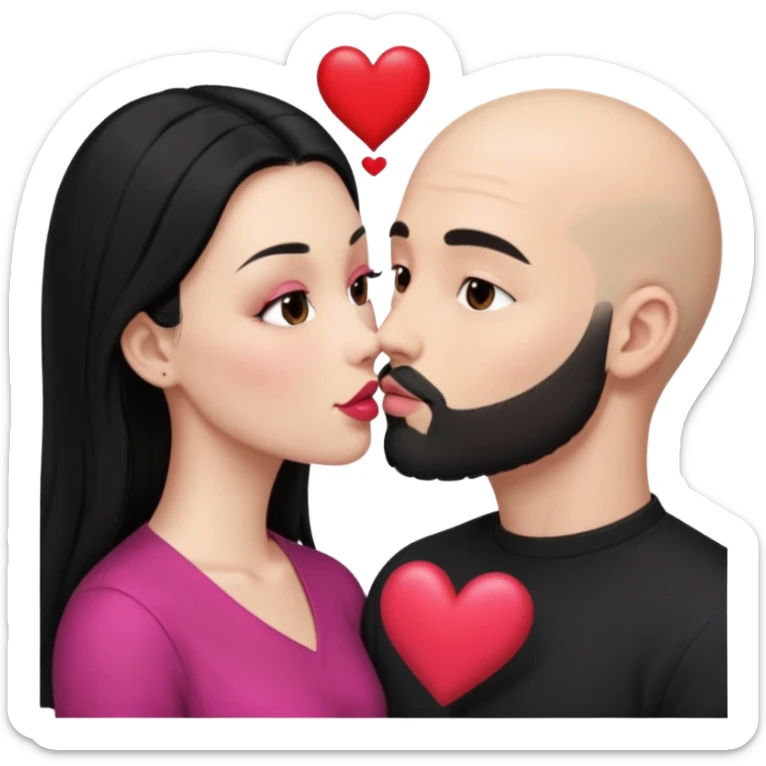 👩🏻‍❤️‍💋‍👨🏻 this one but the man should be bald. white woman with long black hair and white bald young man whoitiut hair and a heart between their heads. she has pink lips and both have brown eyes. he has e full beard but short. both wear black. they kiss slowly sticker