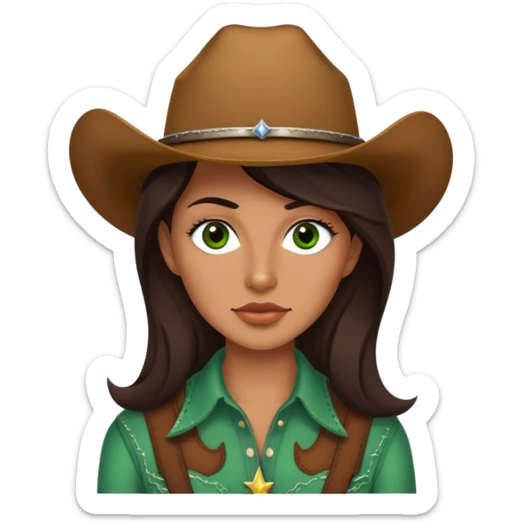 Me with long dark brown hair green eyes and thin top lip and big bottom lip and a mole on my left side of my chin very thin eyebrows with a scar on the right eyebrow and a cow girl sticker
