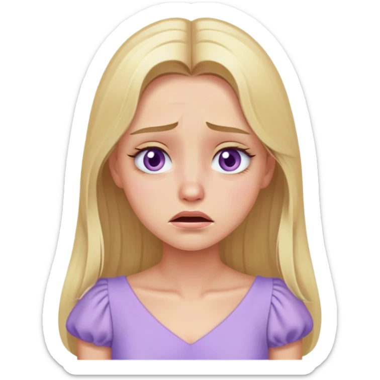crying face blonde model, hazel eyes, sleek long hair, pastel purple dress sticker