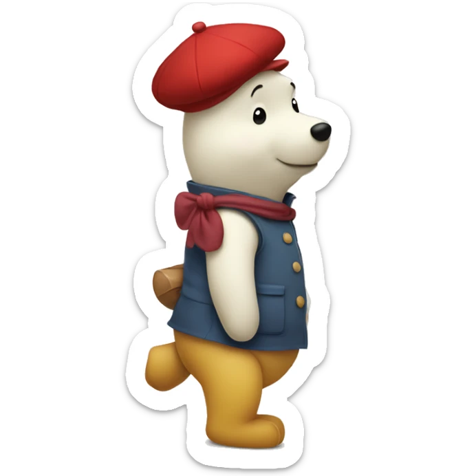 white winnie the pooh, parisien style with red beret on hair and baguette on arms sticker