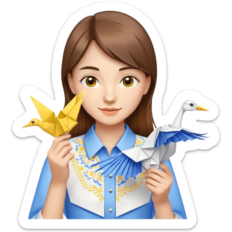 A happy Ukrainian young girl with brown hair in a white embroidered shirt makes an origami of a yellow and blue crane sticker
