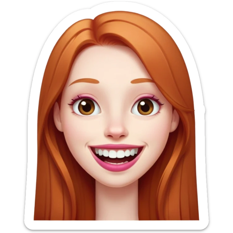 Young girl with pale skin, very long face, full pink lips smiling with big teeth, very long straight auburn hair (lighter ginger, not intense red), big brown eyes, big nose, big mouth sticker