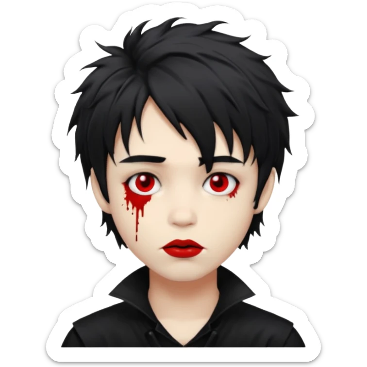 Goth boy with shaggy hair, and messy, smudged, red, lipstick  sticker