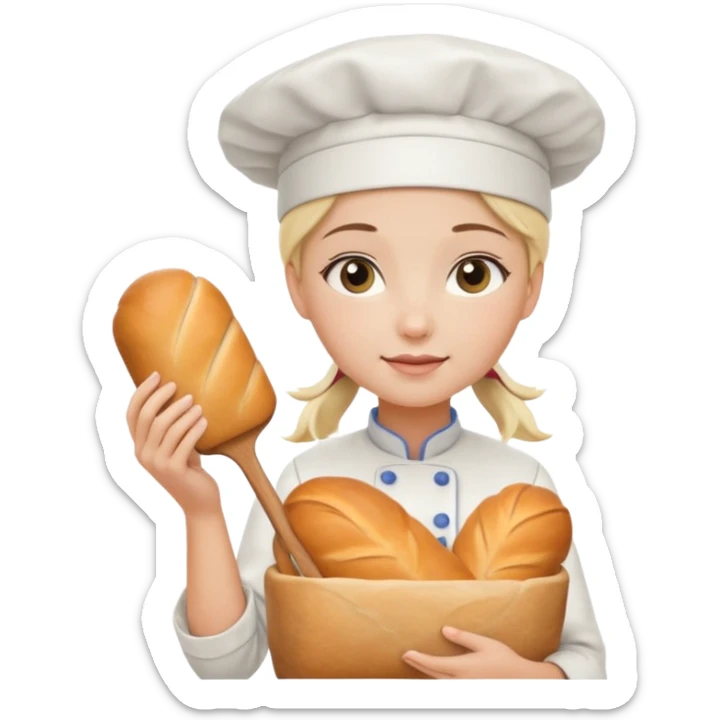 Young female baker - wearing a white chef's hat, holding a cream piping bag and bread in her hand sticker
