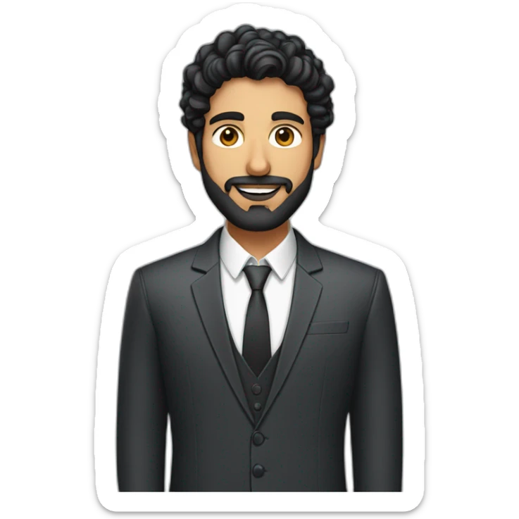 Modern Indian man with curly black hair, modern haircut, wearing suit, black short beard sticker